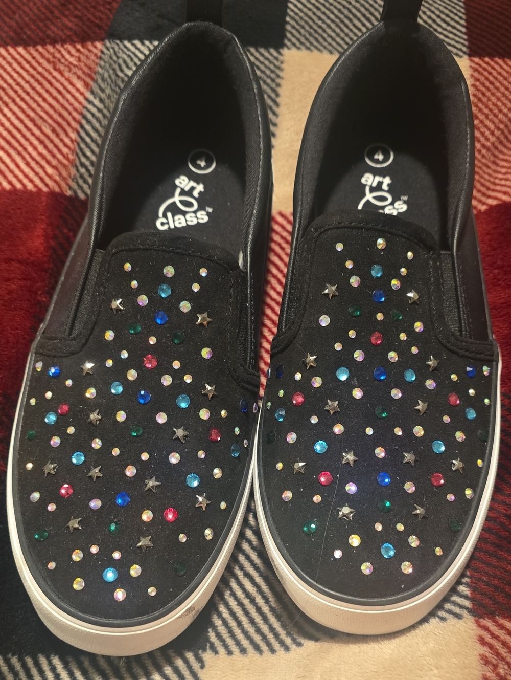 art class Black Slip-On Sneakers with Multicolor Gem and Star Accents
